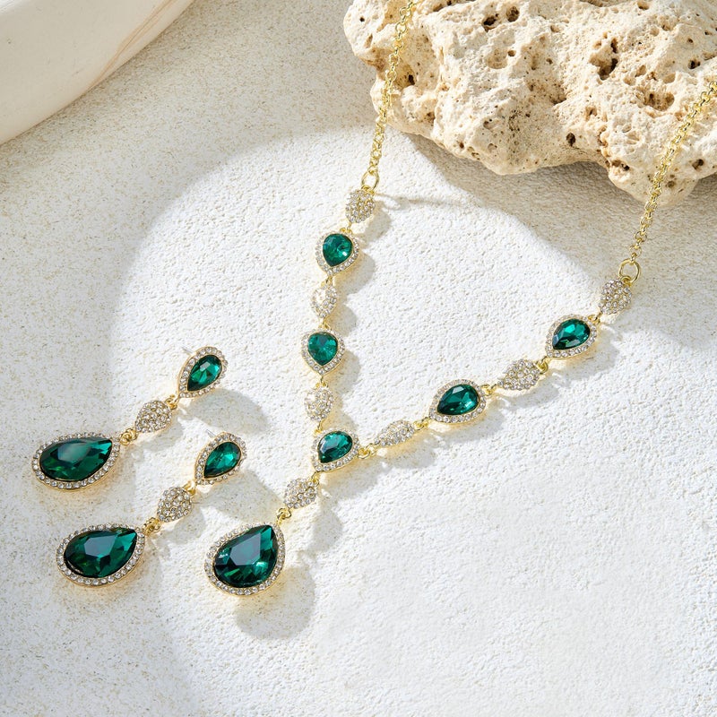 EleQueen Women's Cubic Zirconia Teardrop Y-Necklaces Dangle Earrings Sets for Brides Bridesmaids Emerald Gold-Tone - Image 3